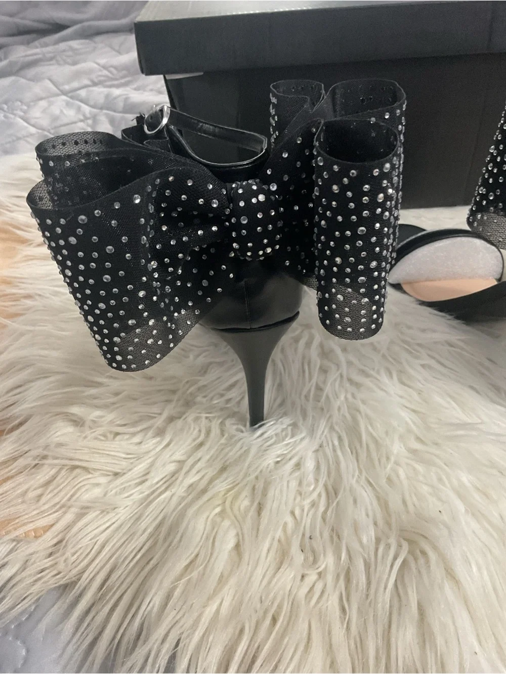 Anne Michelle Black Bow Ankle-Strap Heels with Studded Detail